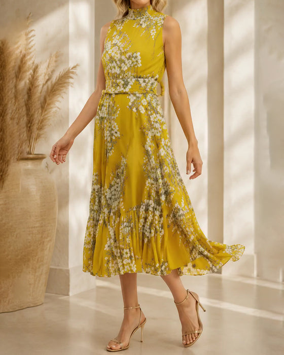 Kleid Mock Neck Ärmellos Tailliert Blumig