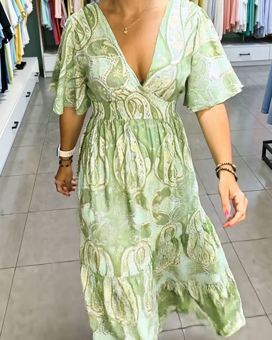 Kleid V-Ausschnitt Rüsche Druck