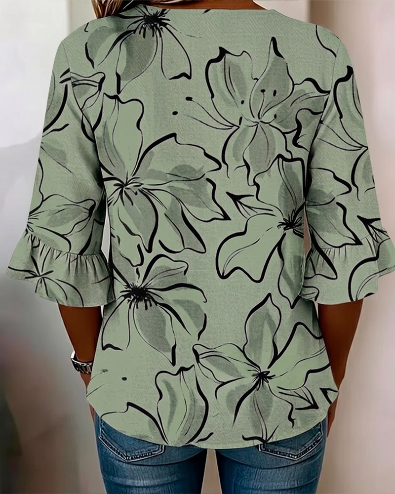 Bluse V-Ausschnitt Blumen Rüsche 3/4-Arm
