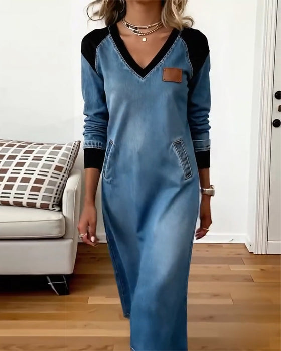 Kleid V-Ausschnitt Naht langärmelig