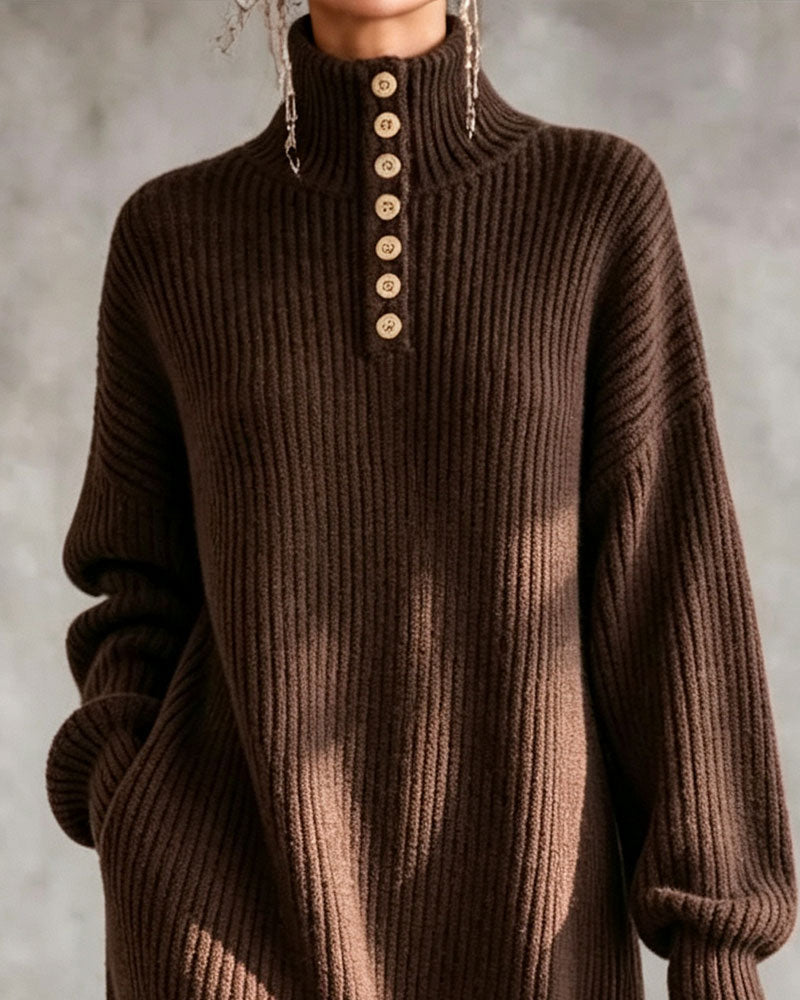 Kleid Rollkragen Knopf Schlitz Lang