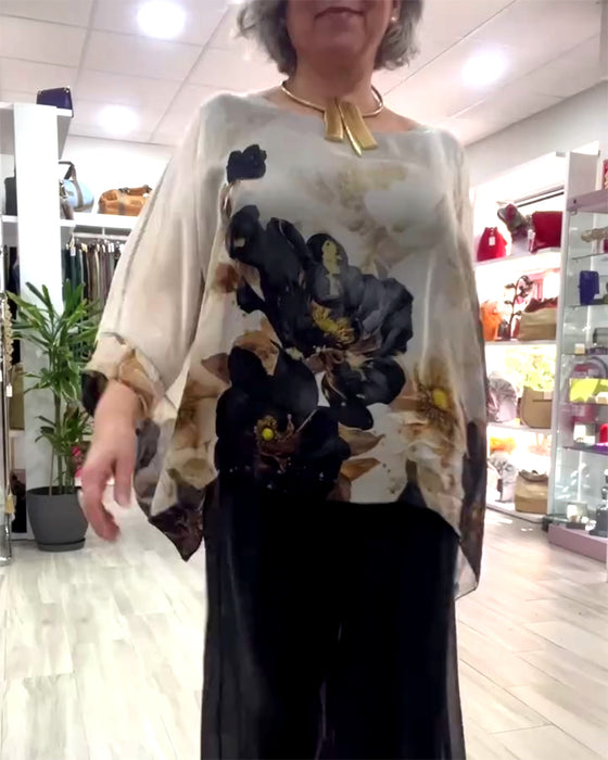 Bluse Langarm Unregelmäßig Großes Blumenmuster