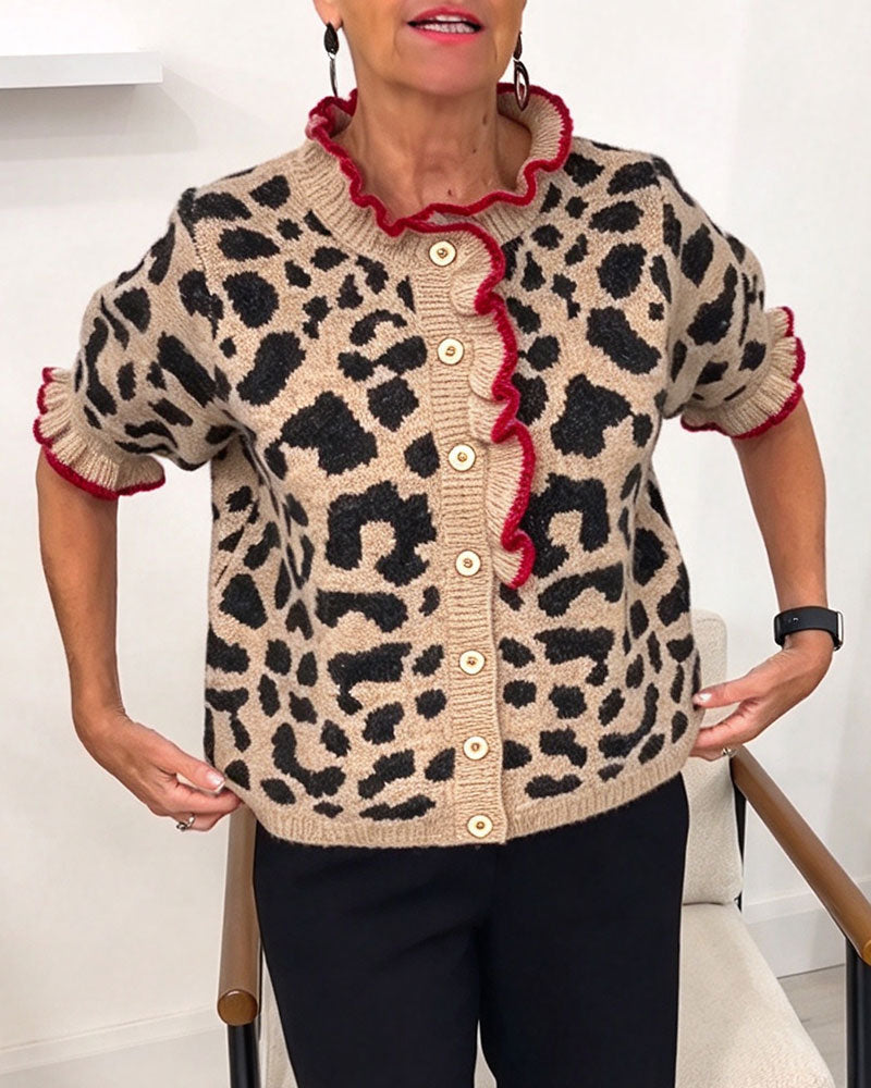 Pullover Rüschen Kurzarm Leopardenprint