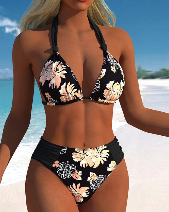 Bikini Tropisch Blumendruck Halsschlaufe Zweiteiler