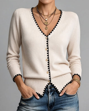 Strickjacke V-Ausschnitt Knopf Kontrast