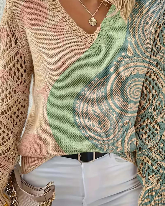 Pullover Farbblock Ausgeschnitten V-Ausschnitt Gestrickt