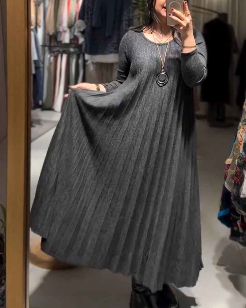 Kleid Runder Halsausschnitt Gekräuselt Locker Lang