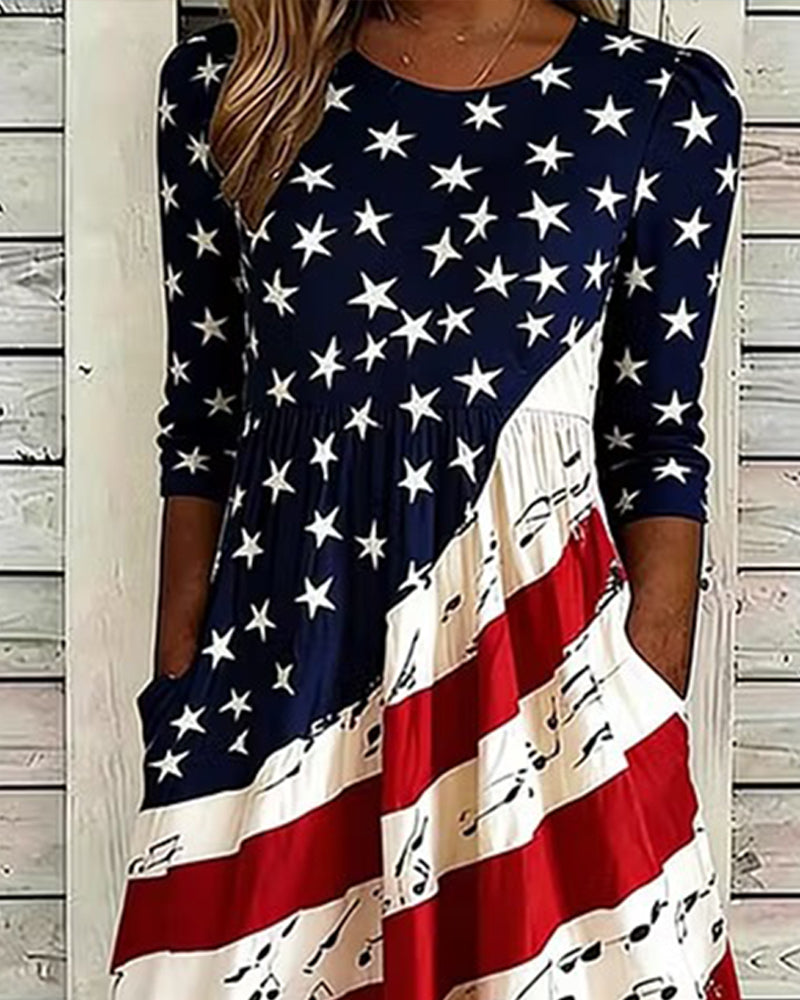 Bedrucktes Kleid Mit Rundhalsausschnitt Midi-Länge