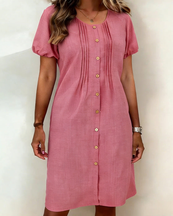 Kleid Geknöpft Plissiert Puffärmel