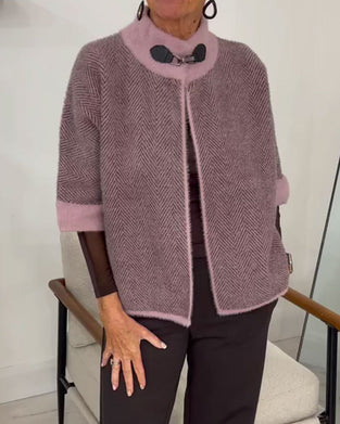 Cardigan Fischgrätenmuster Farbblock Cropped Gestrickt