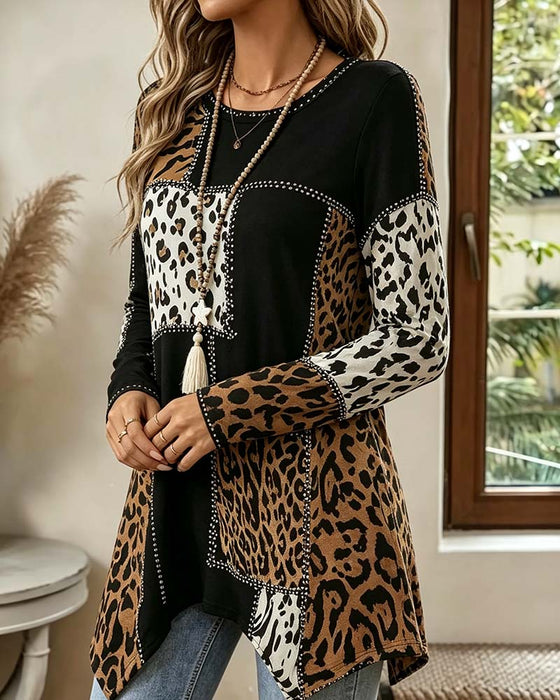 Bluse Leopard Druck Patchwork Unregelmäßig