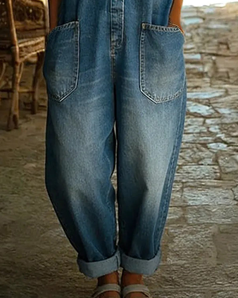 Jumpsuit Lässig Tasche Denim
