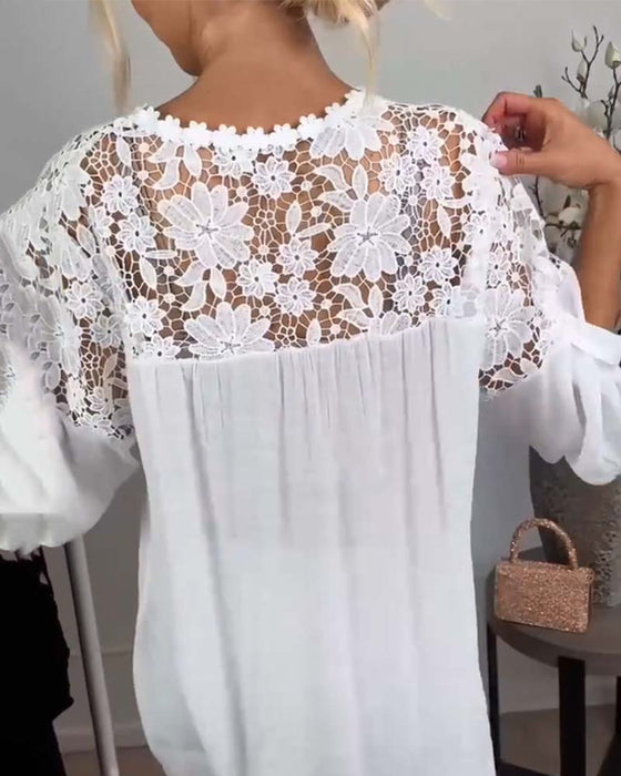 Bluse Rundhalsausschnitt Spitze Patchwork Blumenmuster