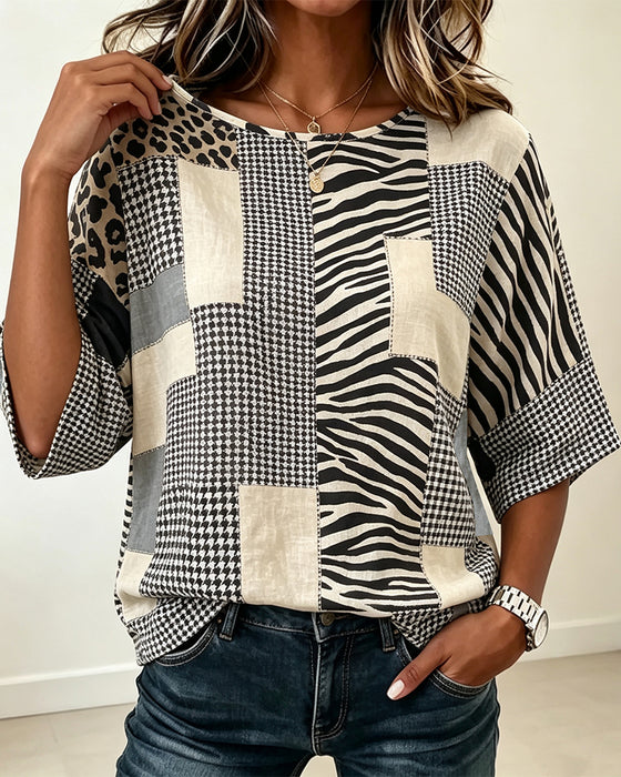 Bluse Rundhalsausschnitt Patchwork Karo Leopard