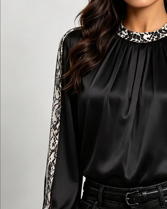 Bluse Rundhals Schlangenmuster Gerafft