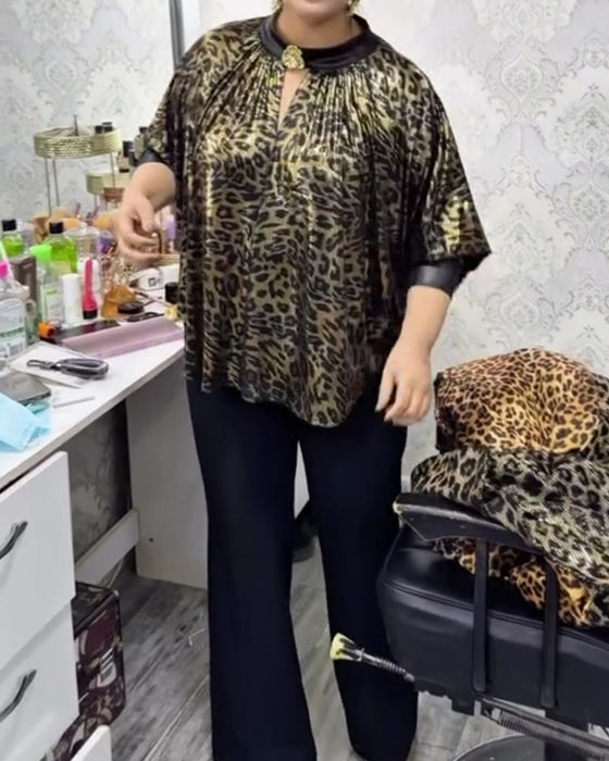 Bluse Stilvoll Lockere Passform Leopardenprint Rundhalsausschnitt