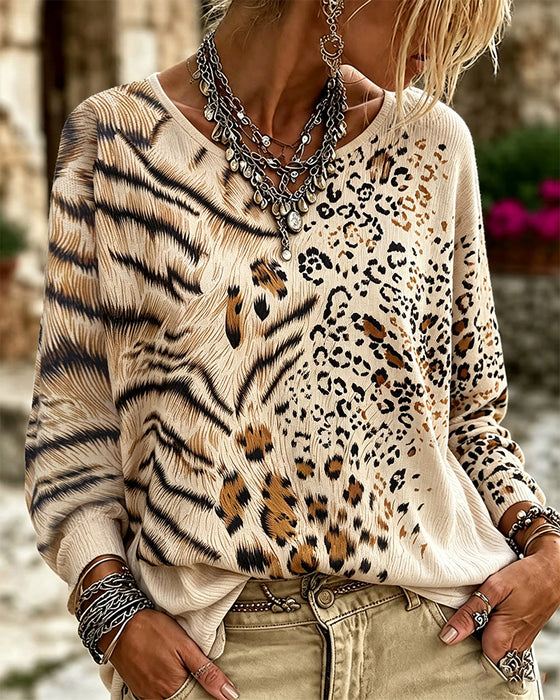 Bluse Rundhals Leopard Langarm
