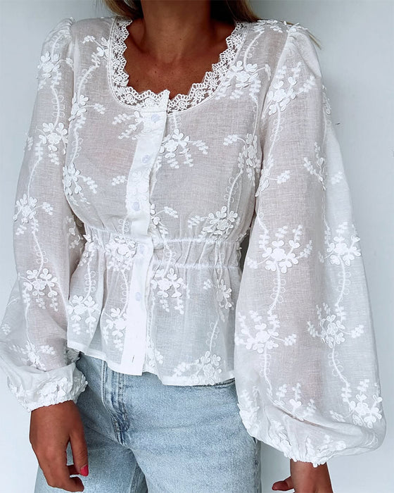 Bluse Spitze Haken Laternenärmel