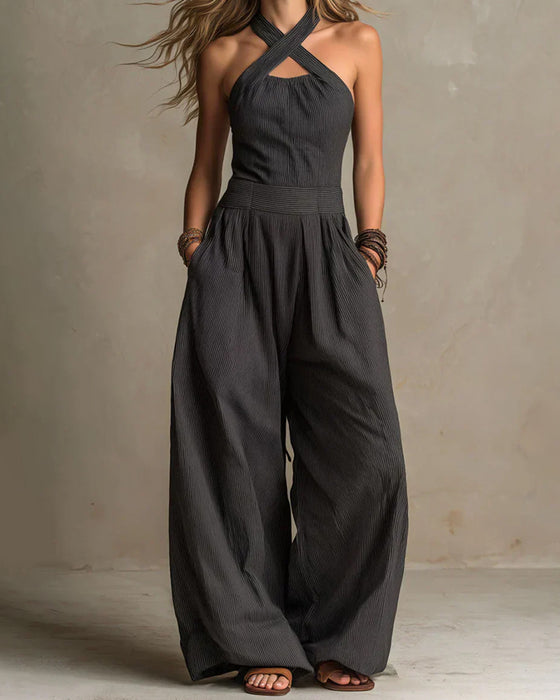 Jumpsuit Halter Kreuz Ärmellos Streifen