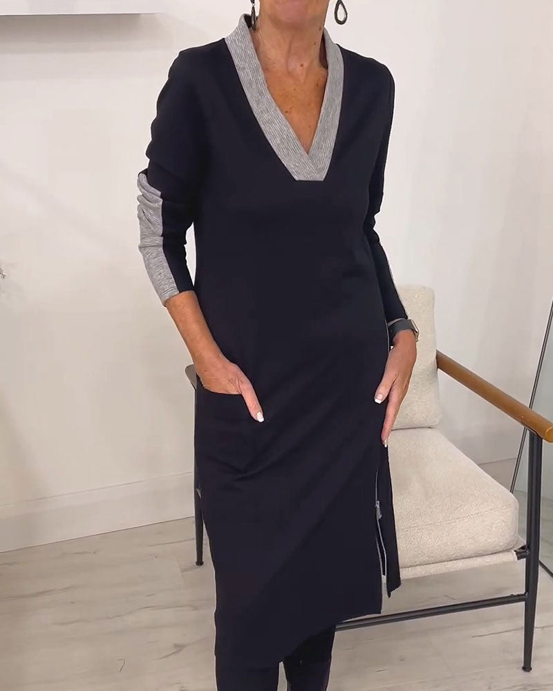 Kleid Farbblock V-Ausschnitt Gestrickt Midi