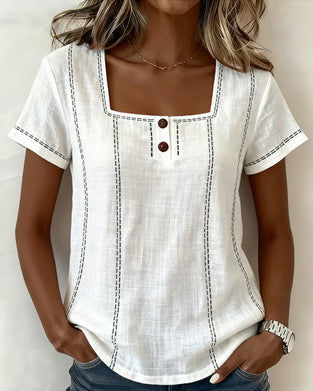 Bluse Kleiner Quadratischer Ausschnitt Uni Knopf