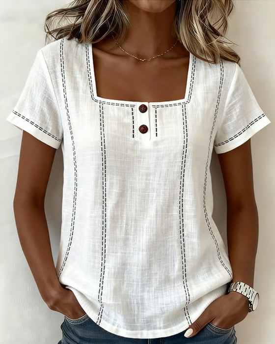 Bluse Kleiner Quadratischer Ausschnitt Uni Knopf