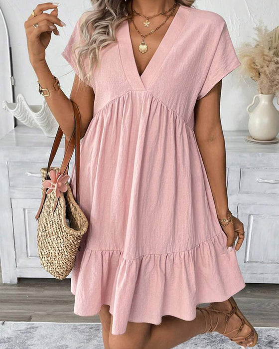 Kleid Solid V-Ausschnitt Rüschen-Besatz