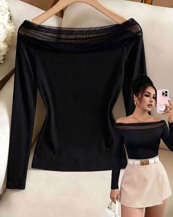 Bluse Bardot Mesh Slim Fit Langarm