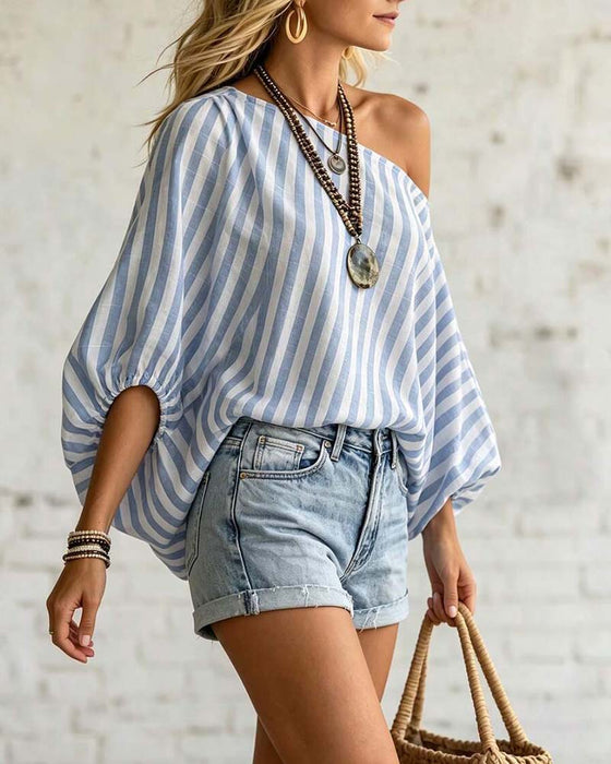 Bluse Asymmetrischer Ausschnitt Streifen Puffärmel