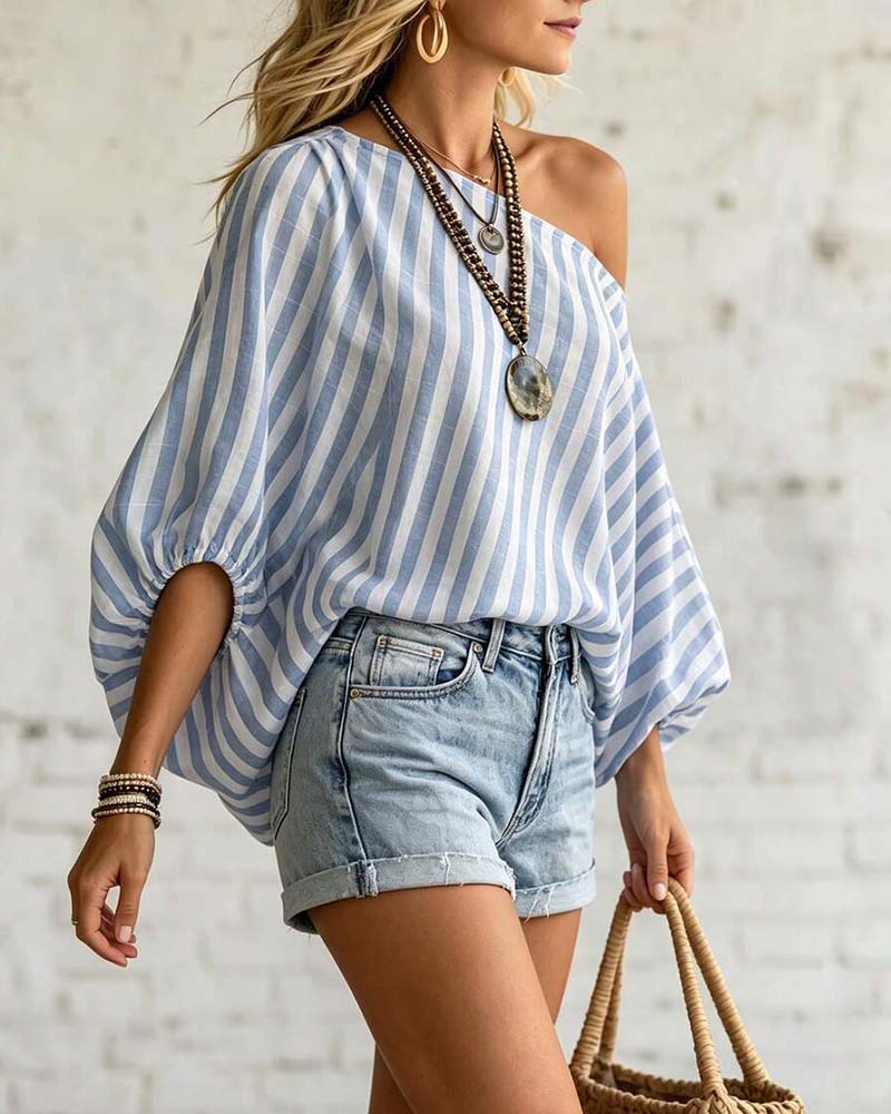 Bluse Asymmetrischer Ausschnitt Streifen Puffärmel