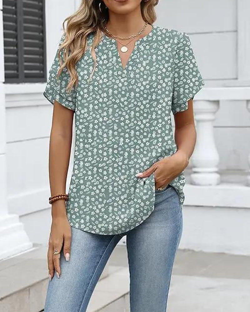 Bluse Blumenprint Kleiner V-Ausschnitt