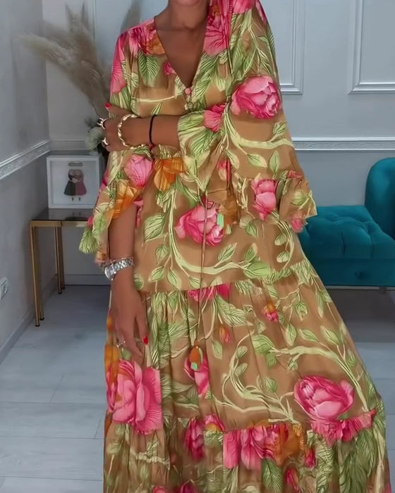 Kleid V-Ausschnitt Weiter Rock Blumen