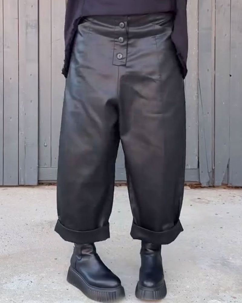 Hose Hohe Taille Weites Bein Aufgerollter Saum