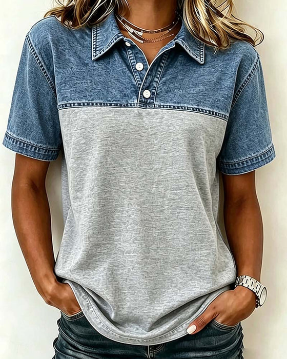 Bluse Kurzer Ärmel Hemd Kragen Denim Patchwork