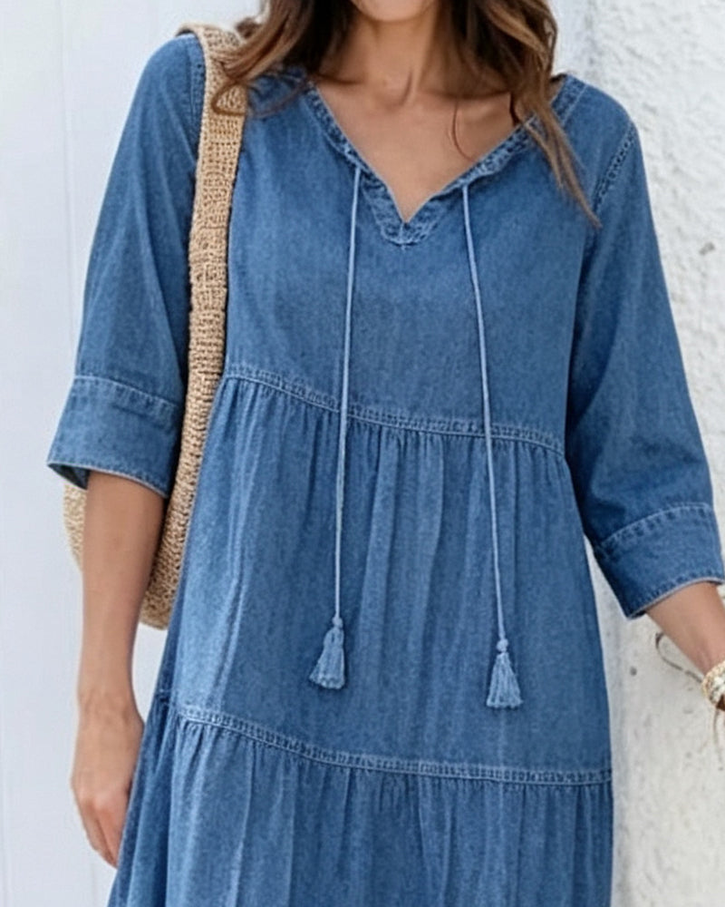 Kleid Locker Krawatten-Detail Denim