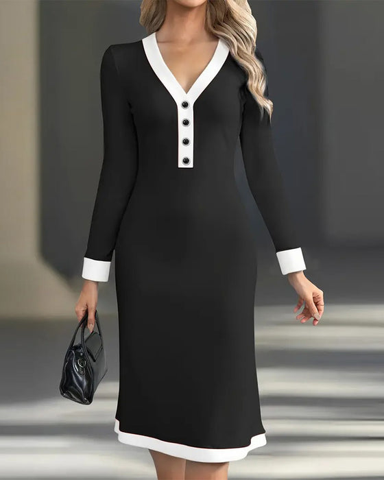 Kleid langärmlig Kontrastfarbe elegant
