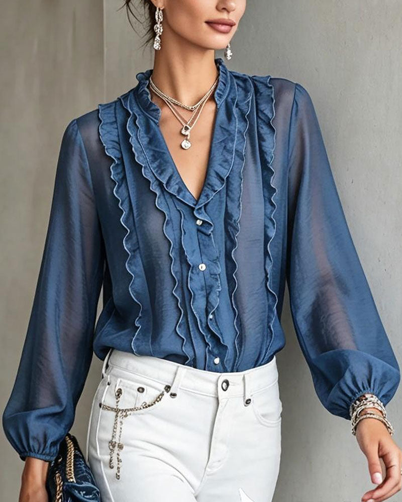 Bluse V-Ausschnitt Knopf Rüsche