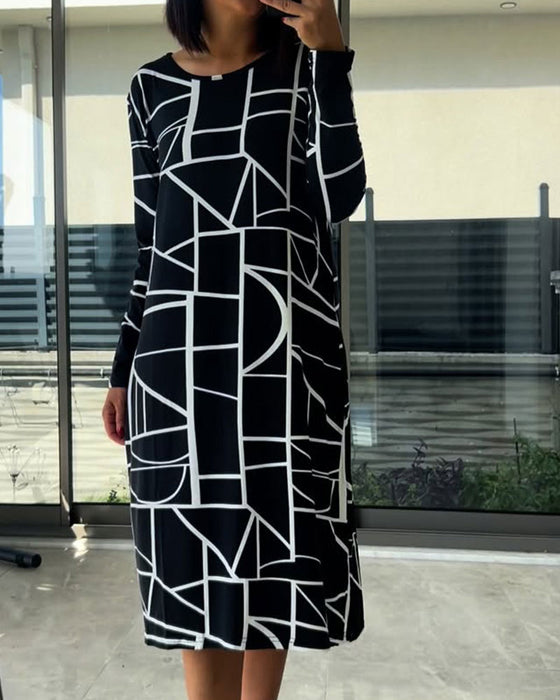 Lässiges Kleid mit Aufdruck, lange Ärmel, Rundhalsausschnitt