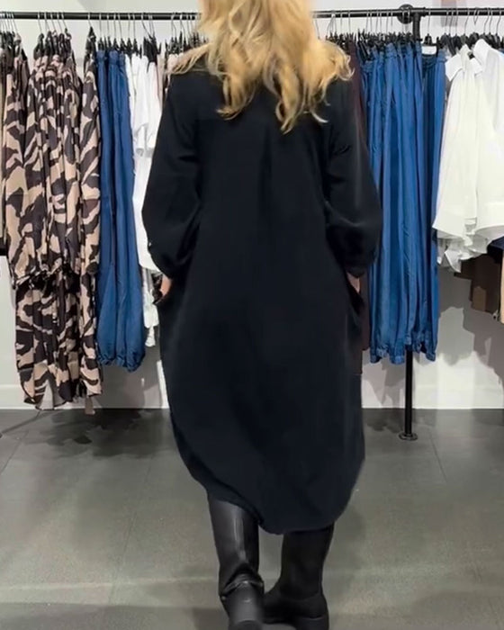 Kleid Revers Tasche Geknöpft Lang Hemd