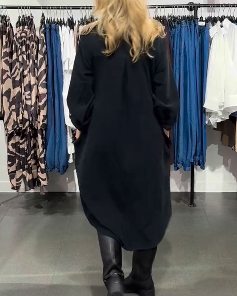 Kleid Revers Tasche Geknöpft Lang Hemd