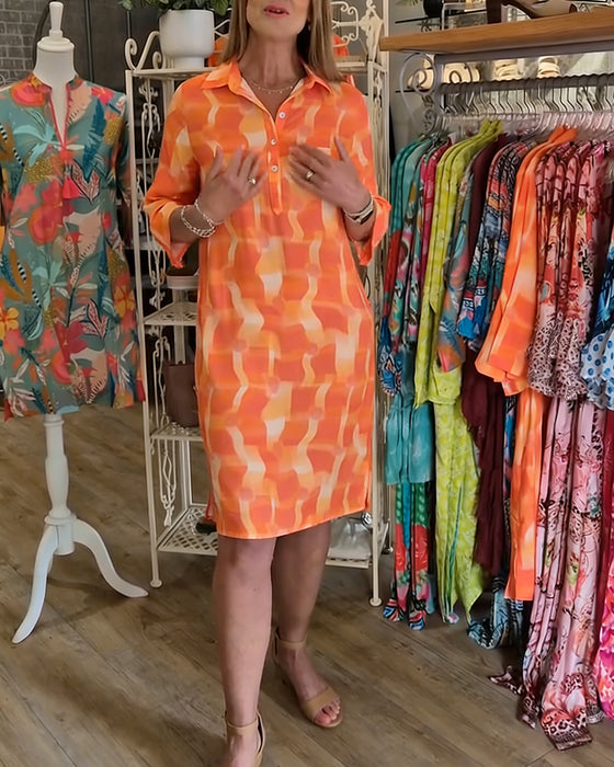 Kleid Dreiviertelärmel Kragen geometrischer Druck