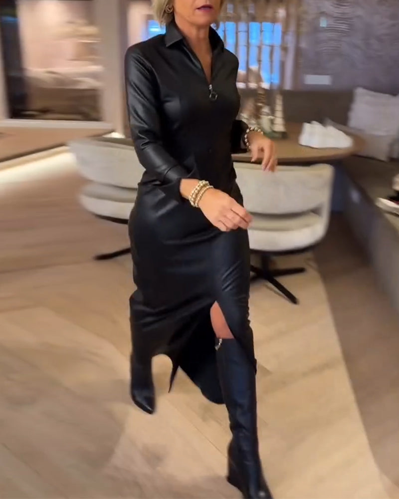 Kleid Revers Reißverschluss Pu Modisch
