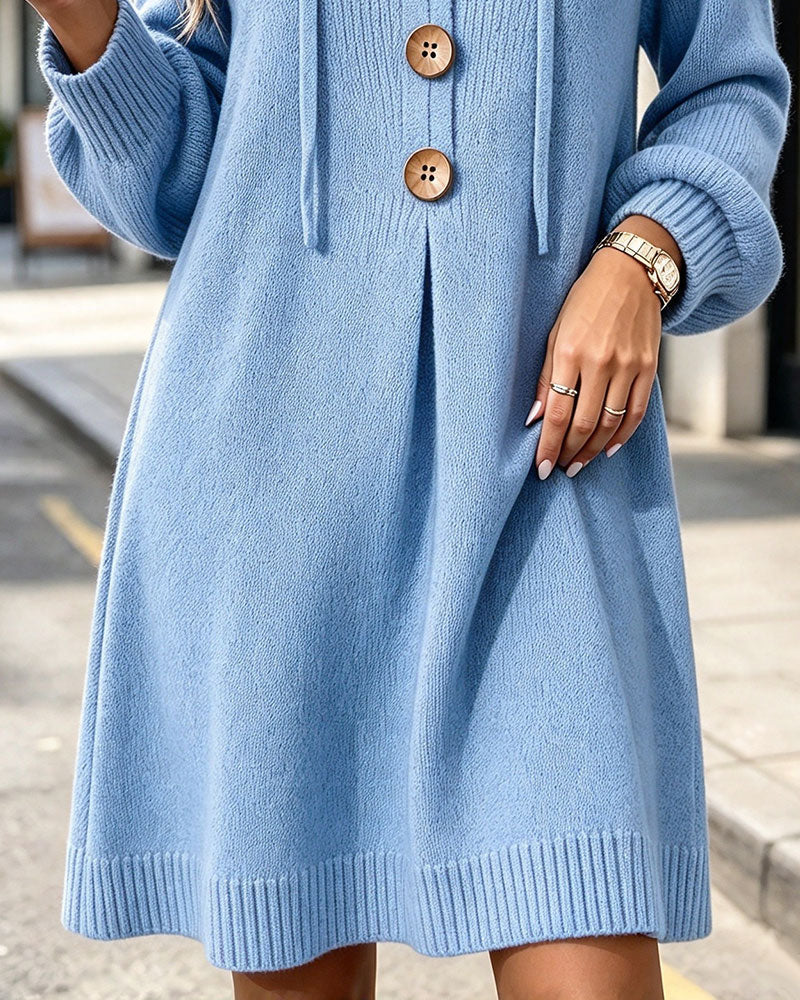 Pullover Kleid Mit Kapuze Gerafft Knopf