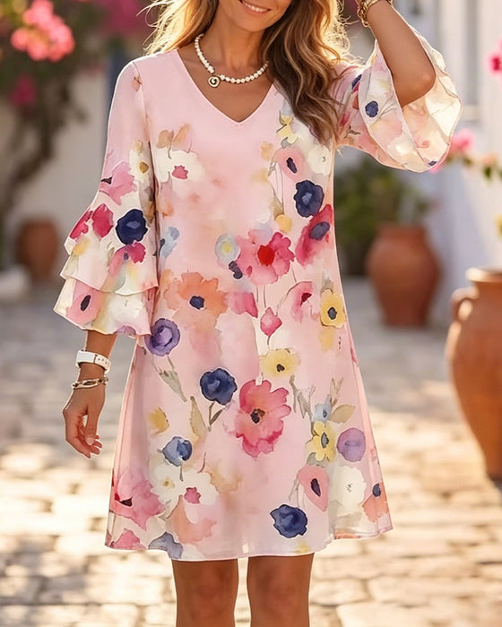 Kleid Aquarelldruck Schirmärmel Kurz