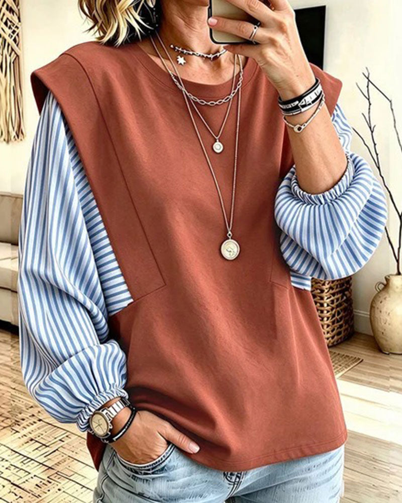 Sweatshirt Gestreift Langarm Patchwork