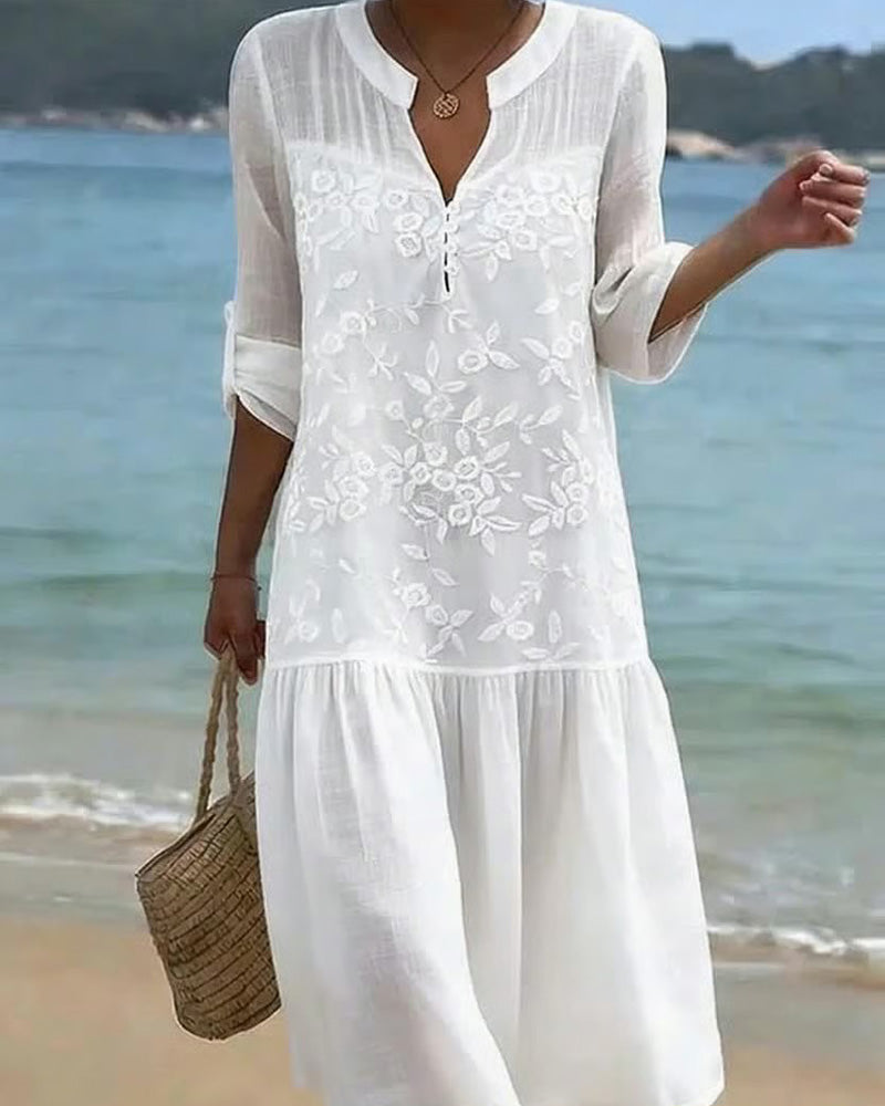 Kleid V-Ausschnitt Bestickt Urlaub Stil