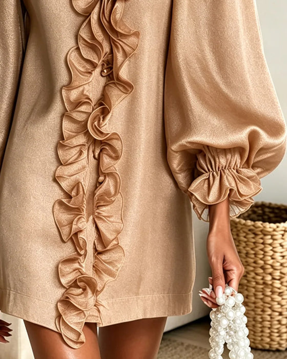 Kleid Puff-Ärmel Rüsche-Besatz V-Ausschnitt