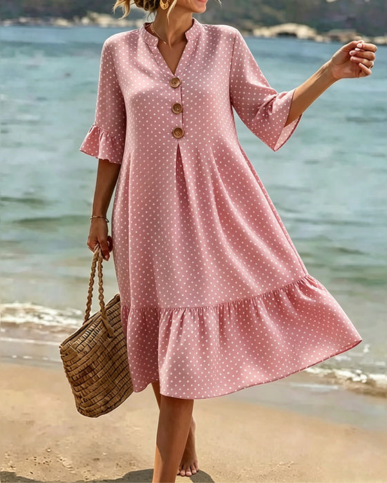 Kleid Polka Dot V-Ausschnitt Rüsche Ärmel