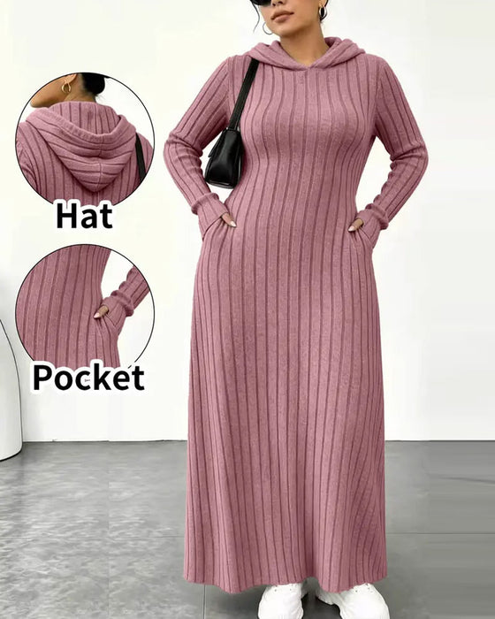 Kleid Kapuze Tasche Rippstrick Eng Anliegend