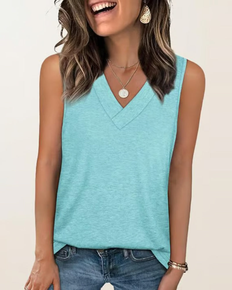 Tanktop T-Shirt Damen Ärmellos V-Ausschnitt Schlankmachend Locker Passform Lässig